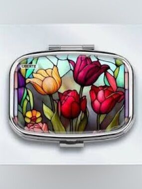 Vibrant floral stained glass design  2 Compartment Travel/Purse Pill Box. New.